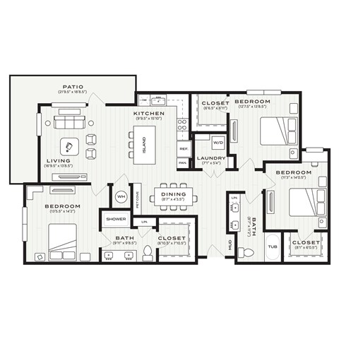 Floor plan for 3 beds, 2 baths, 1465 sqft